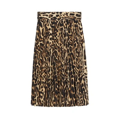 Shop Burberry Leopard Print Stretch Silk Pleated Skirt In Camel