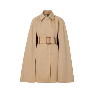 Shop Burberry Leather Detail Cotton Gabardine Belted Cape In Honey