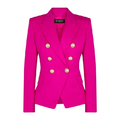 Shop Balmain Fuchsia Double-breasted Wool Blazer In Pink