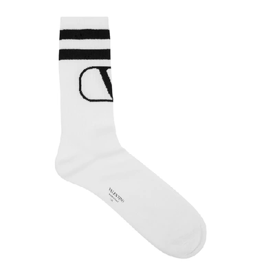 Shop Valentino White Logo-intarsia Cotton-blend Socks