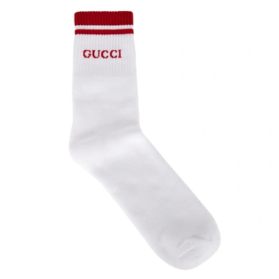 Shop Gucci Striped Logo-intarsia Cotton-blend Socks In White And Red