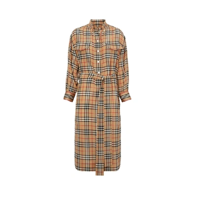 Shop Burberry Vintage Check Silk Tie-waist Shirt Dress In Archive Beige Ip Chk
