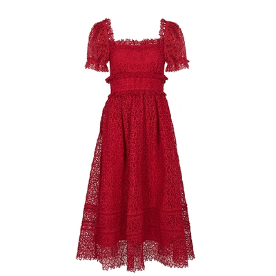 Shop Self-portrait Red Guipure Lace Midi Dress