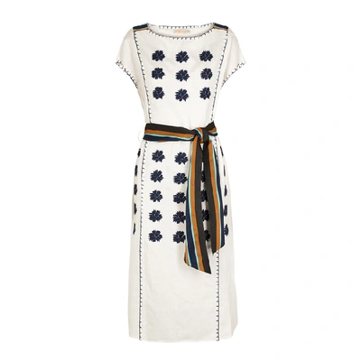 Shop Tory Burch White Embroidered Linen-blend Midi Dress