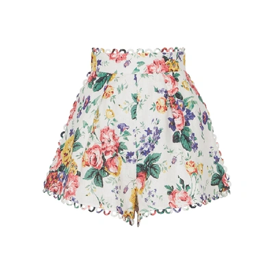 Shop Zimmermann Allia White Floral-print Linen Shorts In White And Other
