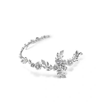Shop Halo & Co Rosebud Clusters And Tiny Leaf Headpiece In Rhodium