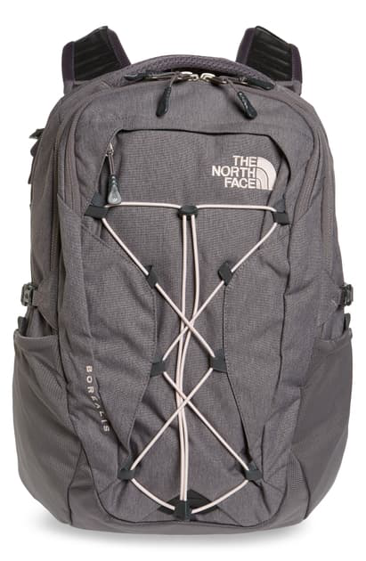 pink and gray north face backpack