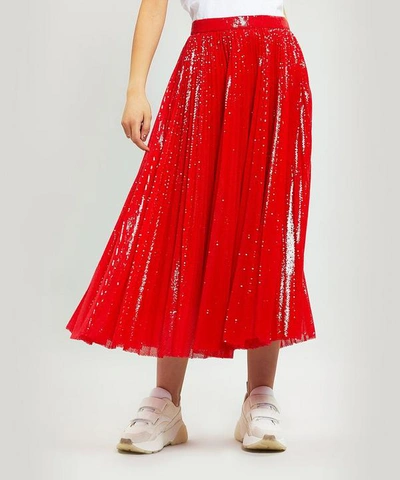 Shop Msgm Sequin Pleated Midi-skirt In Red