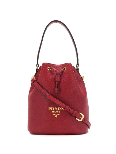 Shop Prada Logo Bucket Bag - Red