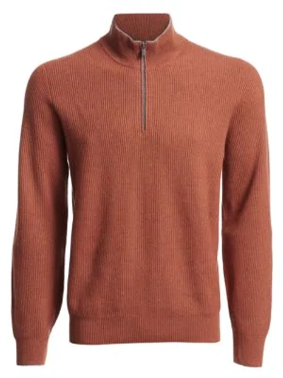 Shop Brunello Cucinelli Half Zip Rib-knit Wool, Silk & Cashmere Sweater In Amber