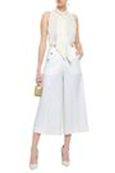 Shop Lanvin Woman Button-embellished Grain De Poudre Wool-blend Culottes Ivory
