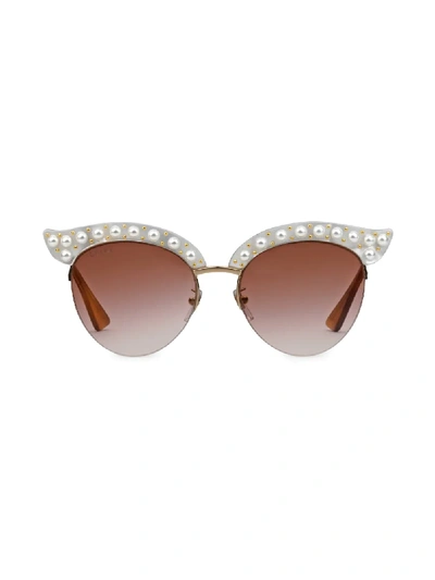 Shop Gucci Cat Eye Acetate Sunglasses With Pearls In White