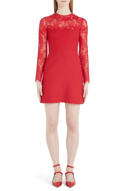 Shop Valentino Lace Trim Long Sleeve Wool & Silk Minidress In 157-red