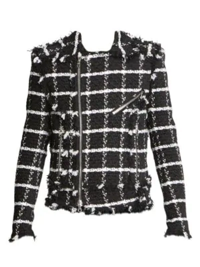 Shop Balmain Check Tweed Fringe Jacket In Black White