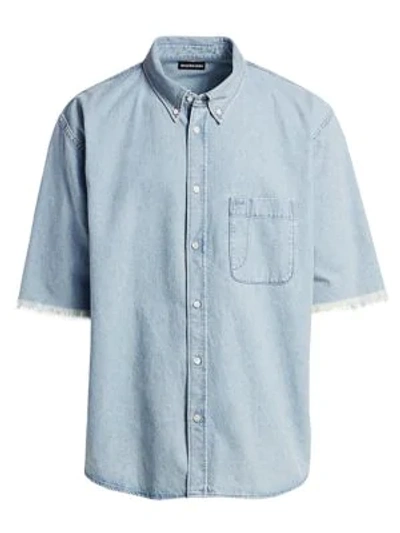 Shop Balenciaga Normal-fit Chambray Short-sleeve Shirt In Blue