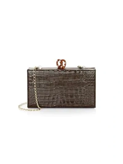 Shop Edie Parker Jean Croc-embossed Leather Box Clutch In Chocolate