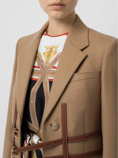 Shop Burberry Leather Harness Detail Wool Tailored Coat In Camel