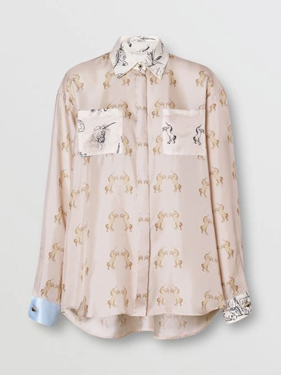 Shop Burberry Contrast Unicorn Print Silk Twill Shirt In Pale Pink