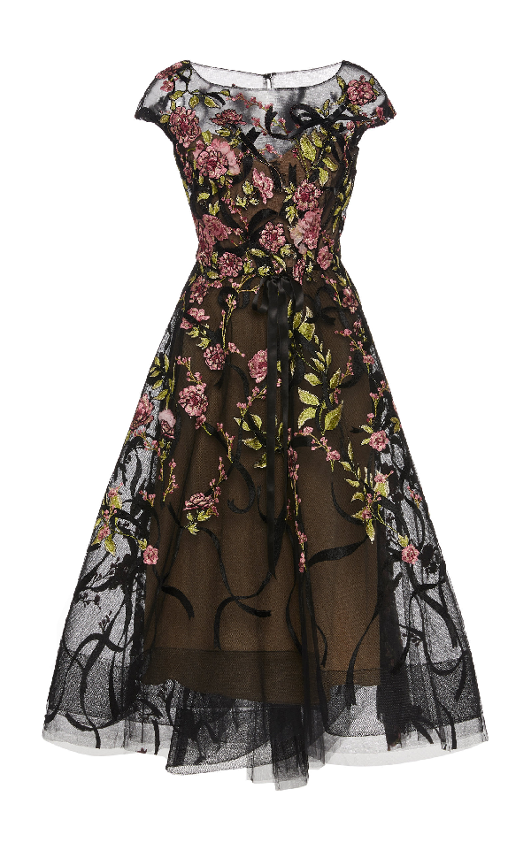 Marchesa Floral-embroidered Organza Tea-length Dress In Black | ModeSens
