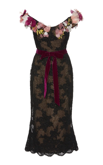 Shop Marchesa Floral-embroidered Lace Cocktail Dress In Black