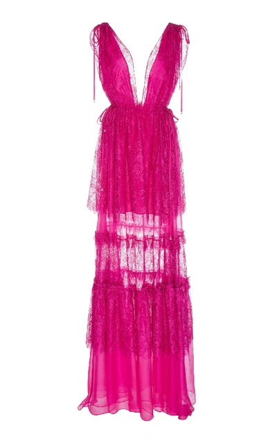 Shop Alexis Umbria Tiered Lace-trimmed Tulle Gown In Pink