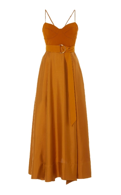 Shop Amur Tempest Belted Crepe-paneled Silk Maxi Dress In Orange