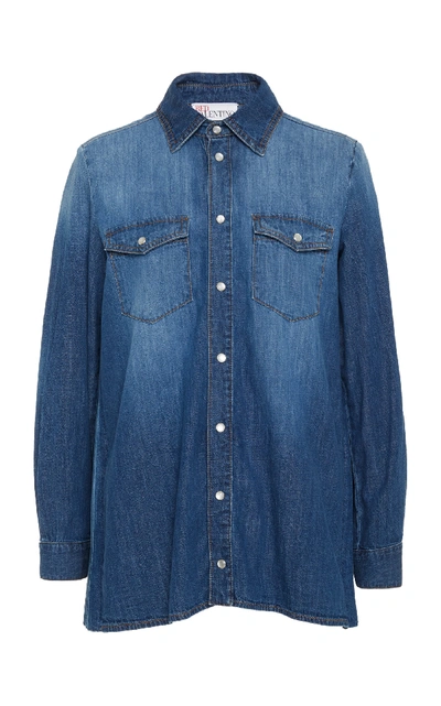 Shop Red Valentino Pleated Denim Button Down Shirt In Blue