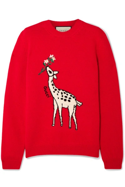 Shop Gucci Embroidered Intarsia Wool Sweater In Red