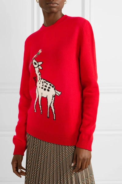 Shop Gucci Embroidered Intarsia Wool Sweater In Red