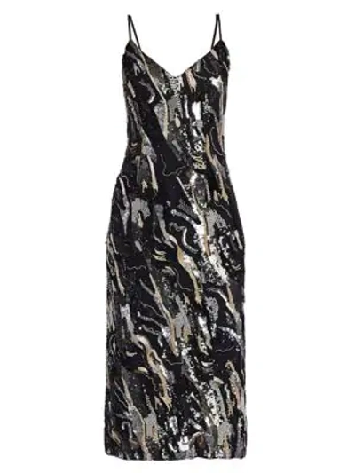 Shop Burnett New York Metallic Wave Embroidered Slip Dress In Black White