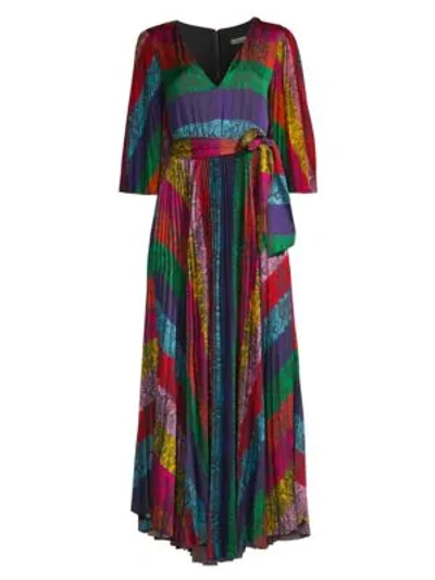 Shop Alice And Olivia Meryl Pleated Tie-waist A-line Maxi Dress In Rainbow Snake Stripe