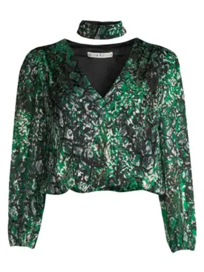 Shop Alice And Olivia Luba Floral Jacquard Silk-blend Blouson Top In Black Emerald