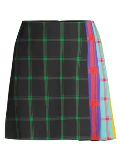 Shop Alice And Olivia Semira Multicolor Side-pleat Plaid Mini A-line Skirt In Plaid Black Emerald Combo
