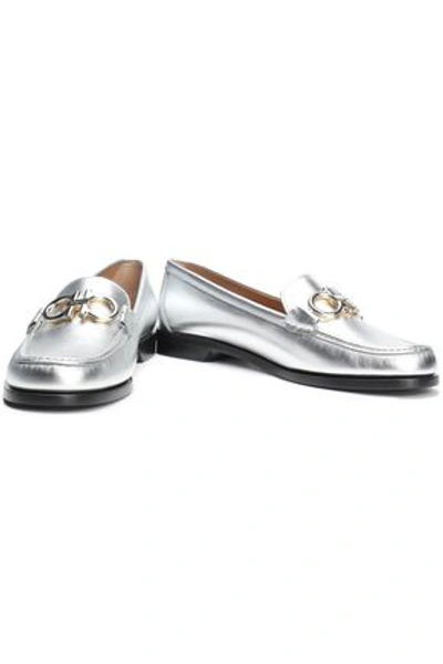 Shop Ferragamo Rolo Metallic Textured-leather Loafers In Silver