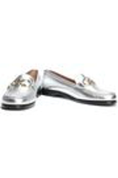 Shop Ferragamo Rolo Metallic Textured-leather Loafers In Silver
