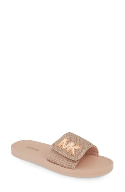 Shop Michael Michael Kors Mk Logo Slide Sandal In Ivory/ Gold Glitter