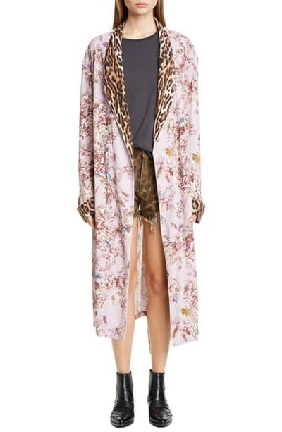 Shop R13 Mixed Print Smoking Robe In Pale Pink Floral W/ Leopard