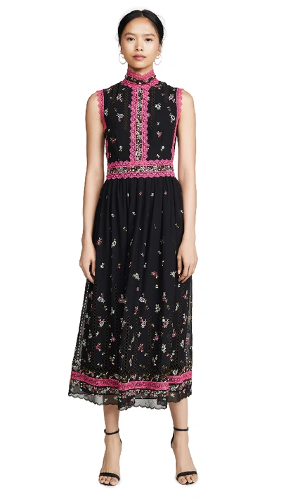 Shop Costarellos Embroidered Dress In Black/fuchsia