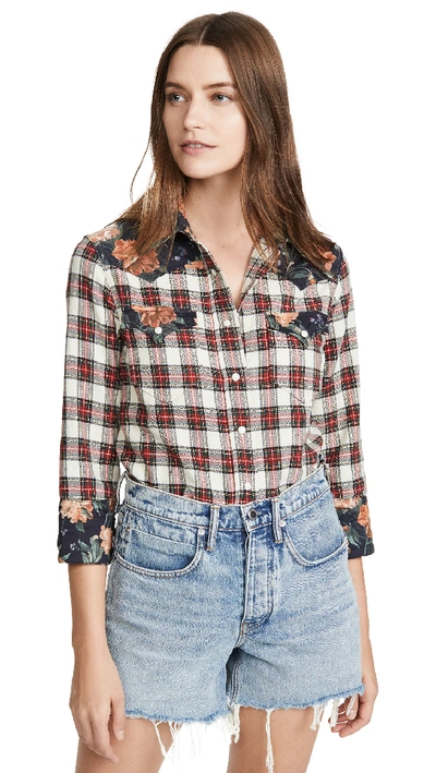 Shop R13 Exaggerated Collar Cowboy Shirt In Ecru With Black Floral