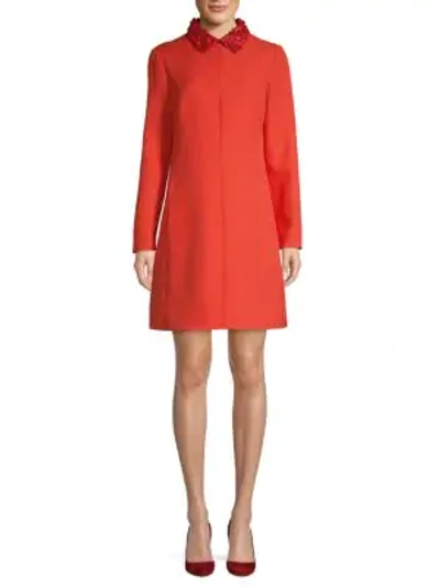Shop Valentino Leather Floral Appliqué Wool Silk Dress In Orange