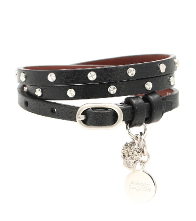 Shop Alexander Mcqueen Embellished Leather Bracelet In Black