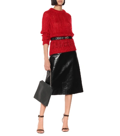 Shop Prada Leather Midi Skirt In Black