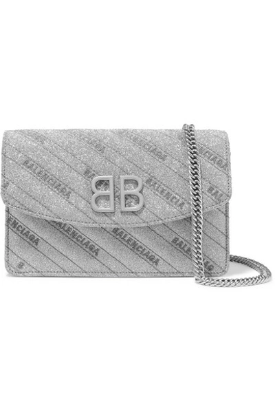Shop Balenciaga Bb Glittered Leather Shoulder Bag In Silver