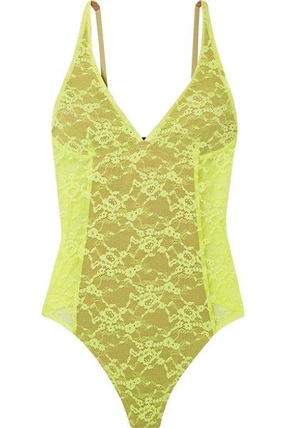 Shop Alix Classon Neon Stretch-lace Thong Bodysuit In Chartreuse
