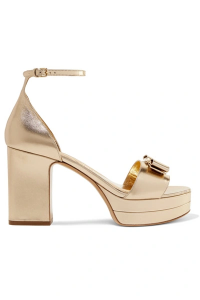 Shop Ferragamo Eclipse Bow-embellished Metallic Leather Platform Sandals In Gold