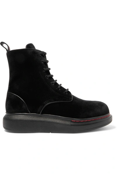 Shop Alexander Mcqueen Leather-trimmed Velvet Exaggerated-sole Ankle Boots In Black