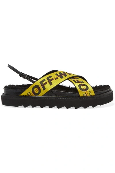 Shop Off-white Shearling-trimmed Canvas-jacquard And Patent-leather Sandals In Black