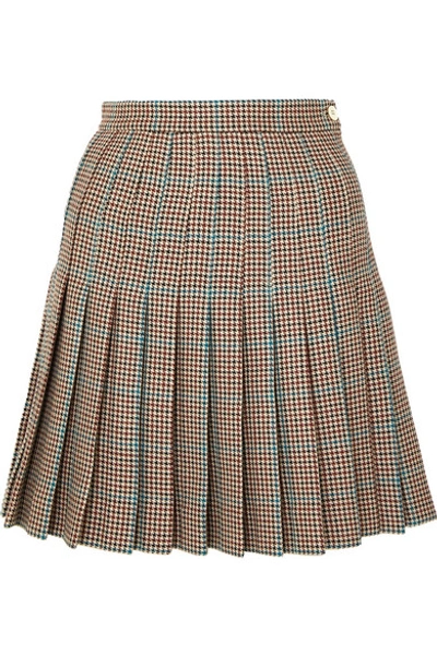 Shop Off-white Pleated Checked Wool Mini Skirt In Brown