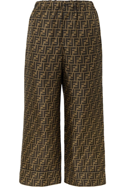 Shop Fendi Cropped Printed Silk-satin Pants In Brown