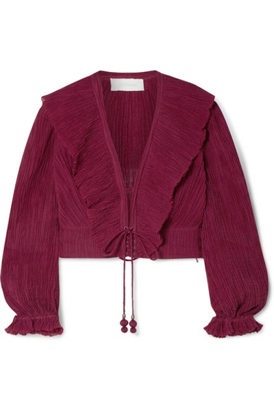 Shop Zimmermann Suraya Ruffled Lace-up Crinkled Ramie And Cotton-blend Top In Burgundy